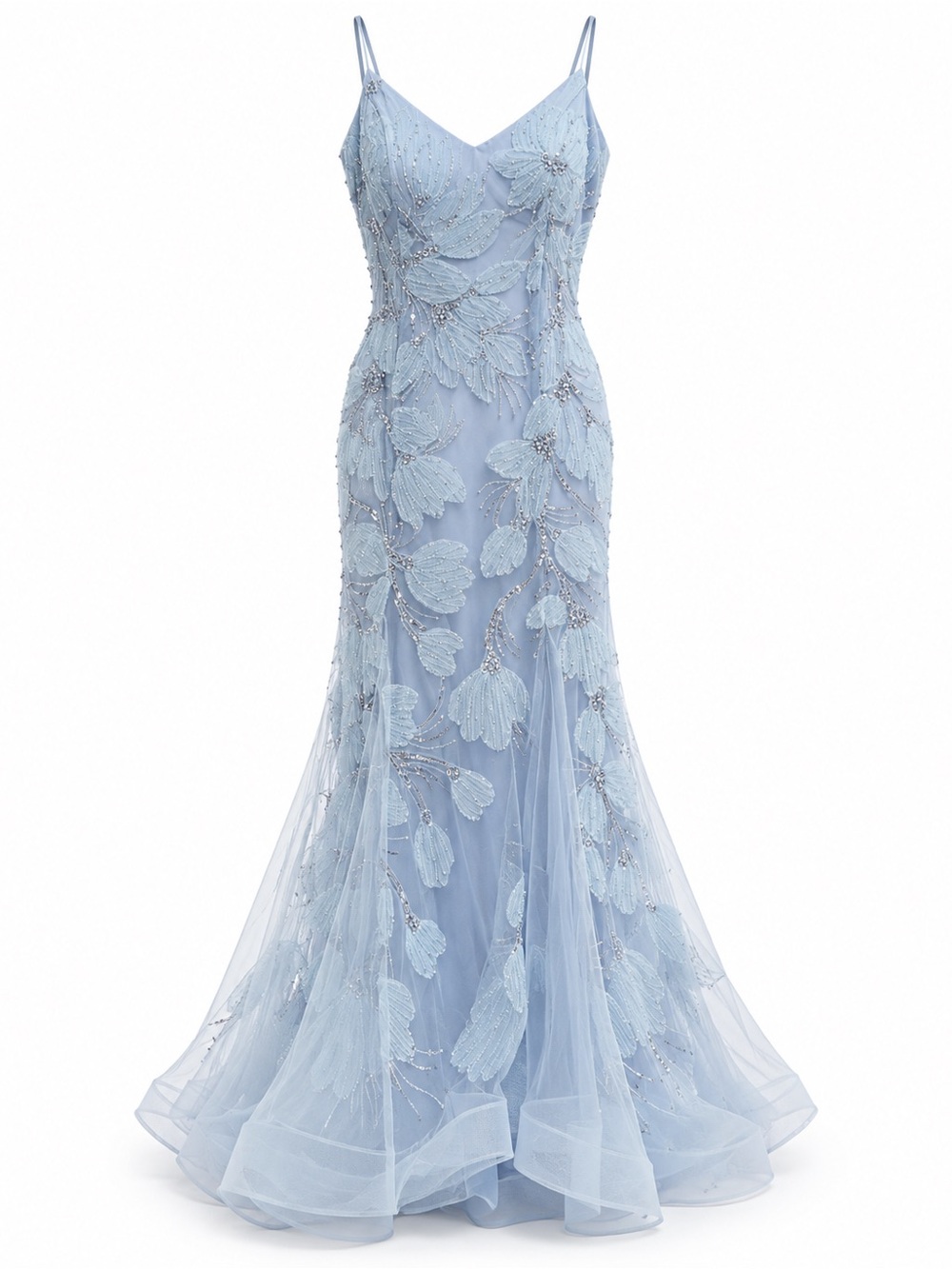 Betsy & Adam Pale Blue Beaded Floral Appliqué Maxi Gown